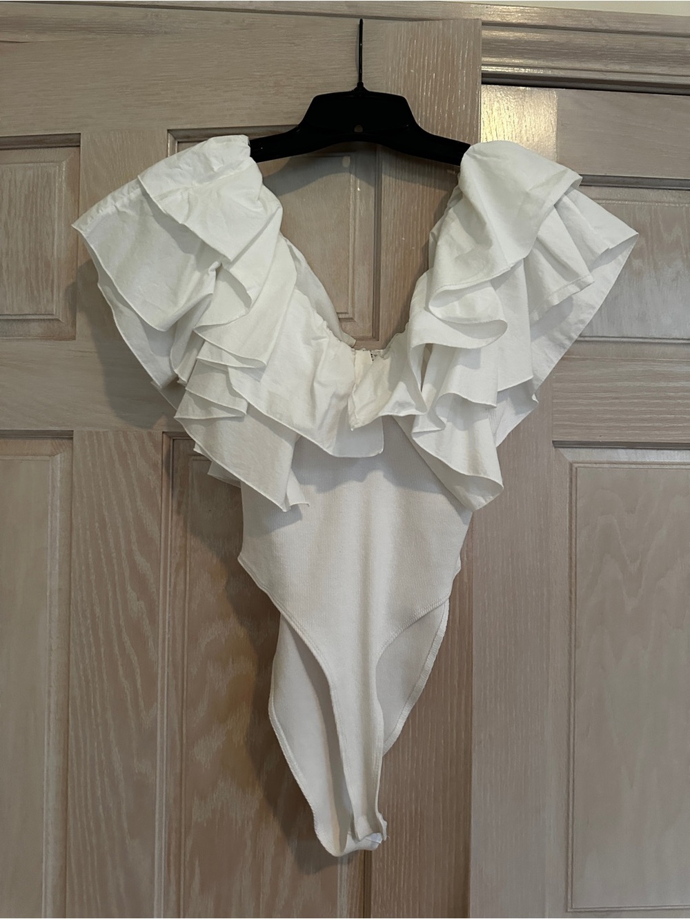 Zara White Ruffle Off-Shoulder Bodysuit